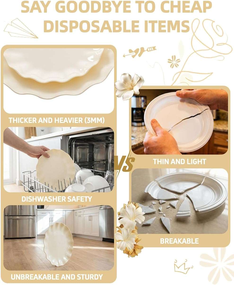 LIYH 24 Pcs Plastic Plates Reusable,Unbreakable Dinner Plates, Scalloped Plastic Plates, Dishwasher Safe,Ivory Plate Sets Perfect for Parties, Birthday, Picnics, BPA Free(12Guests) - Image 8
