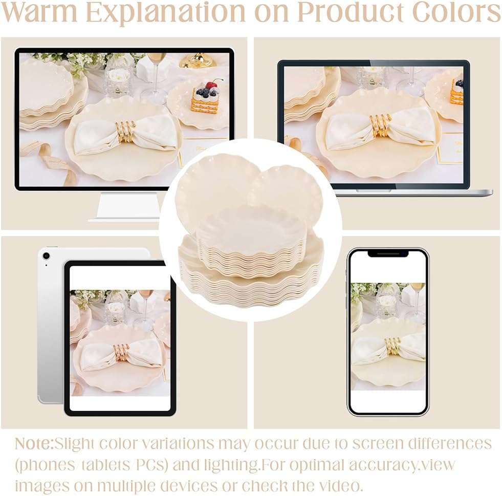 LIYH 24 Pcs Plastic Plates Reusable,Unbreakable Dinner Plates, Scalloped Plastic Plates, Dishwasher Safe,Ivory Plate Sets Perfect for Parties, Birthday, Picnics, BPA Free(12Guests) - Image 9