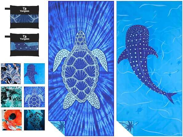 Yongoes 2 Pack Microfiber Lightweight Thin Beach Towel Sand Free Quick Dry Super Absorbent Large Towels for Swimming Pool Yoga Gym Travel Vacation Beach Accessories Essentials Turtle Whale Shark - Image 1