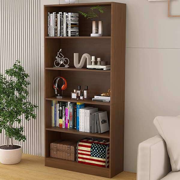 LZ-DONGMAN 5 Shelf Wood Bookcase Freestanding Bookshelf for Home Office Library Small Narrow Space(11.8" D x 31.5" W x 67.9" H,Brown,5-Layers) - Image 1