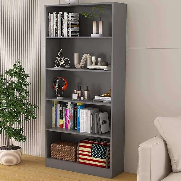 LZ-DONGMAN Wood Bookcase 5-Shelf Freestanding Display Shelf Organizer Wooden Bookshelf for Home Office School (Grey 11.8" D x 31.5" W x 67.9" H) - Image 1