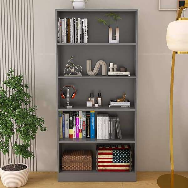 LZ-DONGMAN Wood Bookcase 5-Shelf Freestanding Display Shelf Organizer Wooden Bookshelf for Home Office School (Grey 11.8" D x 31.5" W x 67.9" H) - Image 3
