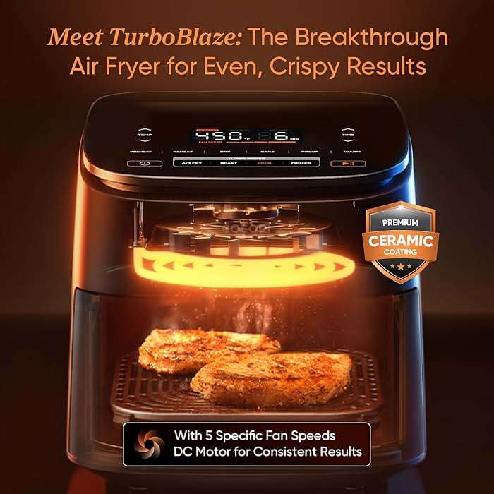 Cosori 9-in-1 TurboBlaze Air Fryer 6 Qt, PFAS-Free Ceramic Coating, 90°–450°F, Precise Heating for Even Results, Air Fry, Roast, Bake, Broil, Dry, Frozen, Proof, Reheat, Keep Warm, 120V, Dark Gray - Image 3