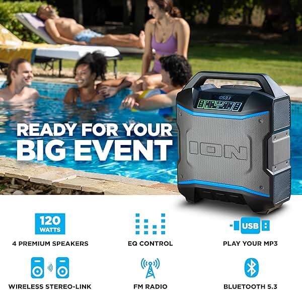 ION Block Rocker - Portable Bluetooth Outdoor Party Speaker with Karaoke Microphone, Battery, 4 Speakers, Radio, USB Port, App, Water-Resistant, 120W - Image 2