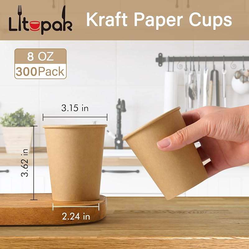 LITOPAK 300 Pack Disposable Coffee Cups 8 oz Paper Cups for Water, Coffee, Juice, and Tea, 8 Ounce Hot Paper Cups for Home, Restaurant, Store, and Cafe - Image 3