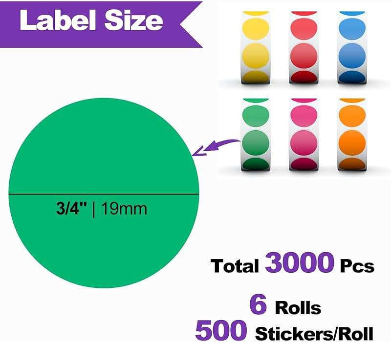 AveneMark 3000Pcs 3/4" Color Coding Labels Circle Dot Stickers,Round Yard Sale Stickers with Bright Yellow Green Red Pink Orange Blue, Garage Sale Price Tag(6 Rolls,500 Labels/Roll) - Image 4