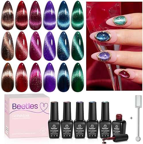 Beetles Cat Eye Gel Nail Polish Set, 6 Colors Glitter Gel Polish Kit Red Pink Shiny Brown Burgundy Purple Blue Green Magnetic Effect Sparkle Stunning Soak Off UV Manicure Gifts for Women - Image 1