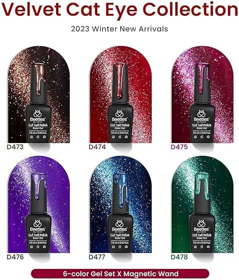 Beetles Cat Eye Gel Nail Polish Set, 6 Colors Glitter Gel Polish Kit Red Pink Shiny Brown Burgundy Purple Blue Green Magnetic Effect Sparkle Stunning Soak Off UV Manicure Gifts for Women - Image 2