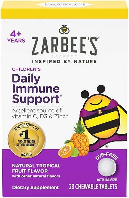 Zarbee's Kids Immune Support, Vitamin C, D & Zinc Daily Immunity Vitamins for Children 4+ Years, Natural Tropical Fruit Flavor, 28 Chewable Tablets - Image 1