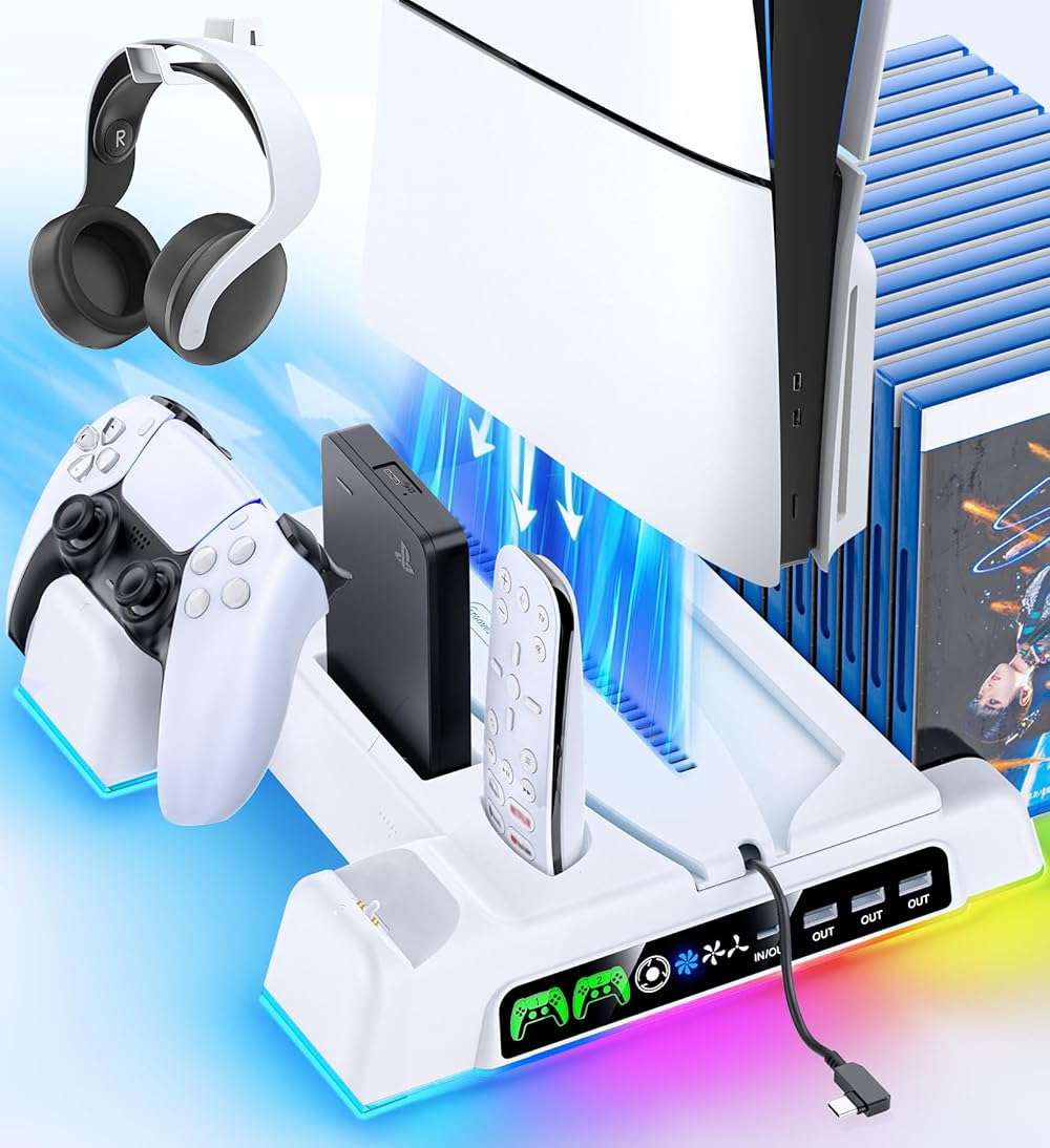 Cooling Stand for PS5/ Slim/Pro Disc & Digital Console, PS5 Cooling Station with Dual Controller Charging Station for PlayStation 5 Console, P S5 Accessories Stand with AUTO Adjustable Fan - Image 1