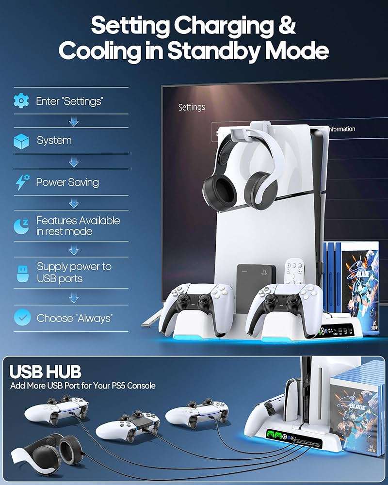 Cooling Stand for PS5/ Slim/Pro Disc & Digital Console, PS5 Cooling Station with Dual Controller Charging Station for PlayStation 5 Console, P S5 Accessories Stand with AUTO Adjustable Fan - Image 7
