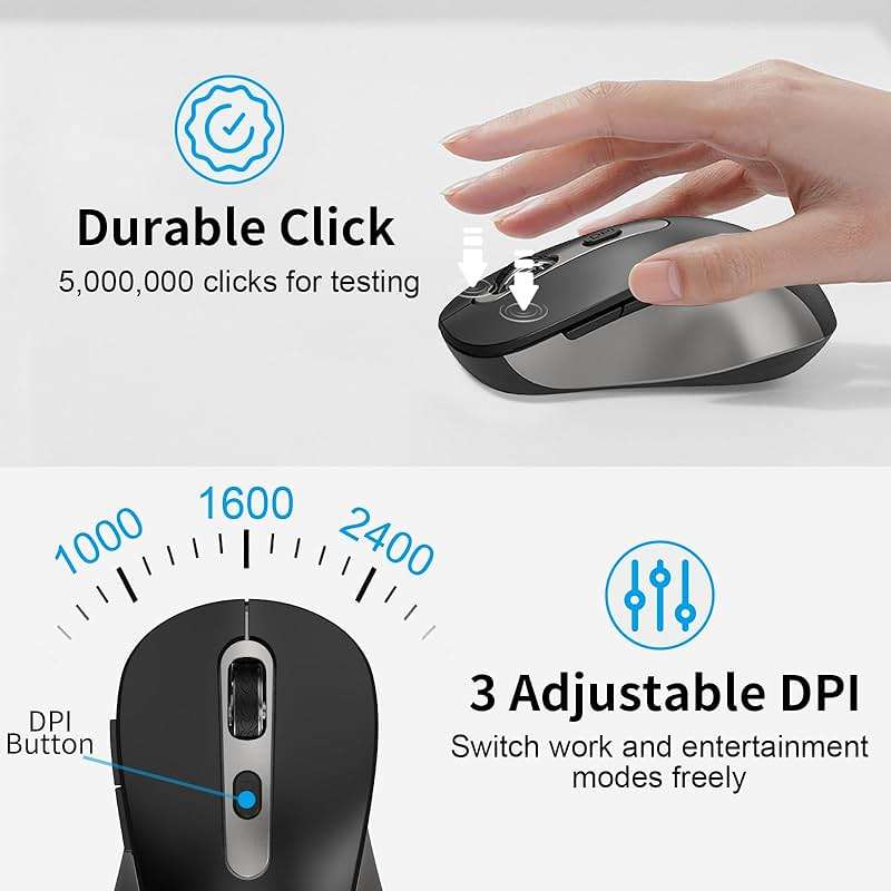 Wireless Mouse for Laptop, PC, Chromebook, Mac, MacBook, Silent Wireless Mouse with USB Nano Receiver, Side Button, 2400 DPI, Anti Slip Roller, 6 Button Ergonomics Cordless Computer Mice - Black Gray - Image 5