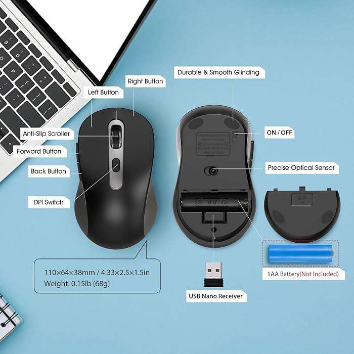 Wireless Mouse for Laptop, PC, Chromebook, Mac, MacBook, Silent Wireless Mouse with USB Nano Receiver, Side Button, 2400 DPI, Anti Slip Roller, 6 Button Ergonomics Cordless Computer Mice - Black Gray - Image 9