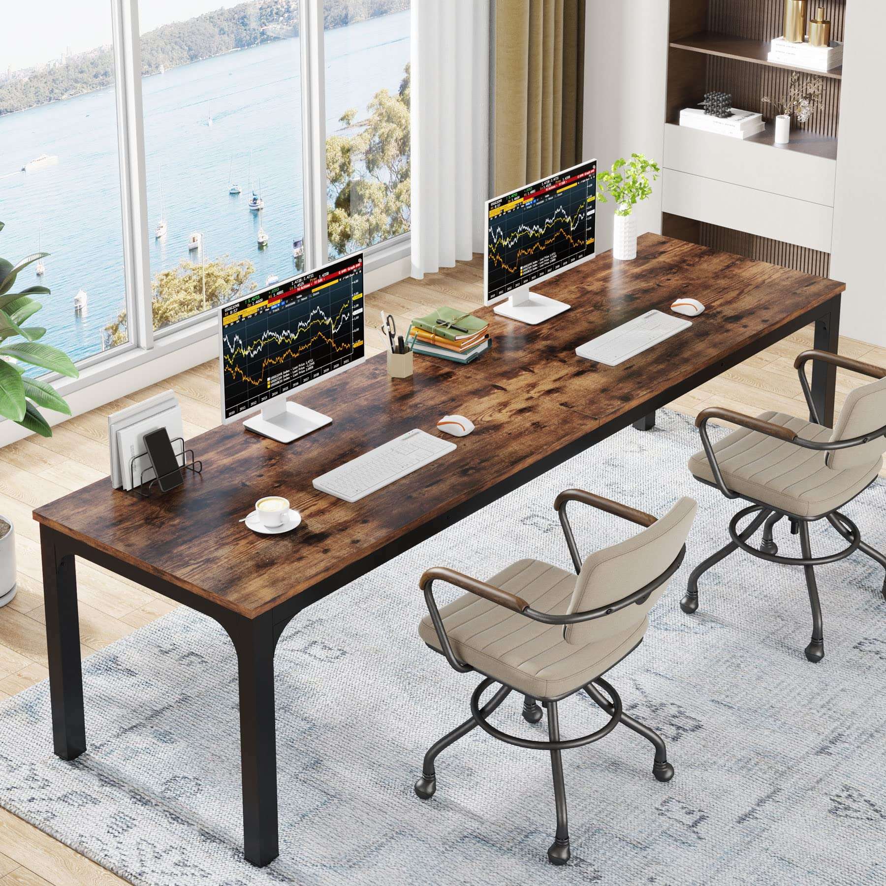 Tribesigns 78.7 Inches Extra Long Computer Desk 2 Person Desk, Double Long Desk, Workstaion for Home Office, Brown+Black - Image 1