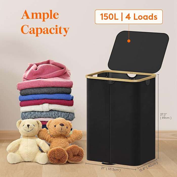 Lifewit 150L Double Laundry Hamper with Lid, Large Laundry Basket with Removable Bag & Bamboo Handles, Fodable Tall Dirty Clothes Hamper for Laundry Collapsible Bin for Bathroom Bedroom Dorm, Black - Image 3