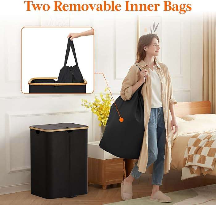 Lifewit 150L Double Laundry Hamper with Lid, Large Laundry Basket with Removable Bag & Bamboo Handles, Fodable Tall Dirty Clothes Hamper for Laundry Collapsible Bin for Bathroom Bedroom Dorm, Black - Image 4