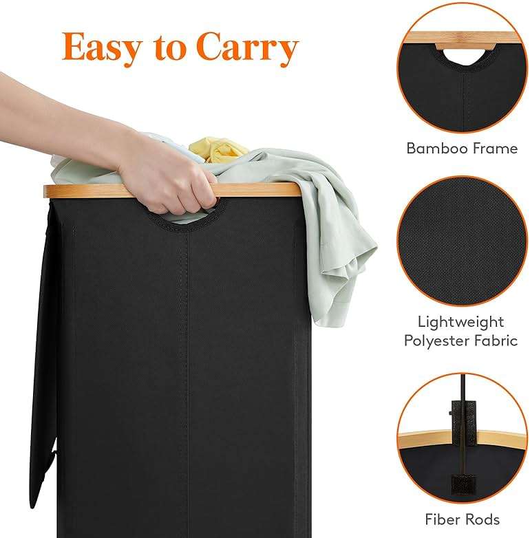 Lifewit 150L Double Laundry Hamper with Lid, Large Laundry Basket with Removable Bag & Bamboo Handles, Fodable Tall Dirty Clothes Hamper for Laundry Collapsible Bin for Bathroom Bedroom Dorm, Black - Image 5