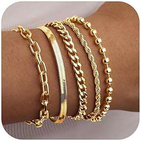 Gold Bracelets Set for Women Stack, Chunky Thick Bracelets Stack for Women Trendy, Simple Dainty Thin Gold Plated Cuff Stackable Bracelets With Beaded Cuban Paperclip Snake Rope Bangle Hand Chain Jewelry - Image 1