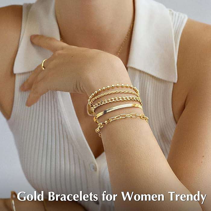 Gold Bracelets Set for Women Stack, Chunky Thick Bracelets Stack for Women Trendy, Simple Dainty Thin Gold Plated Cuff Stackable Bracelets With Beaded Cuban Paperclip Snake Rope Bangle Hand Chain Jewelry - Image 2