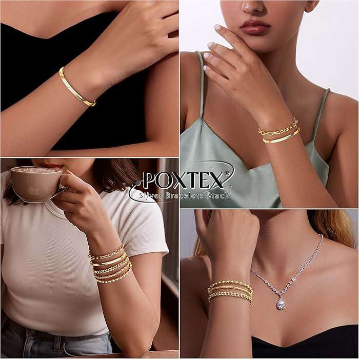 Gold Bracelets Set for Women Stack, Chunky Thick Bracelets Stack for Women Trendy, Simple Dainty Thin Gold Plated Cuff Stackable Bracelets With Beaded Cuban Paperclip Snake Rope Bangle Hand Chain Jewelry - Image 3