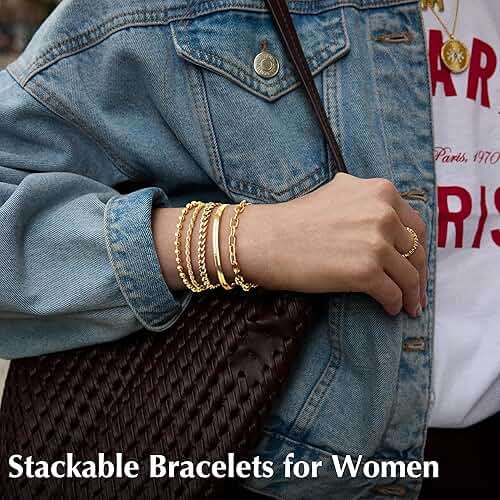 Gold Bracelets Set for Women Stack, Chunky Thick Bracelets Stack for Women Trendy, Simple Dainty Thin Gold Plated Cuff Stackable Bracelets With Beaded Cuban Paperclip Snake Rope Bangle Hand Chain Jewelry - Image 4