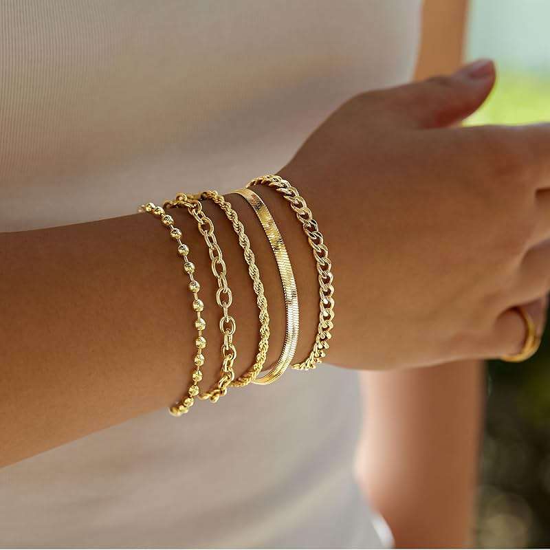 Gold Bracelets Set for Women Stack, Chunky Thick Bracelets Stack for Women Trendy, Simple Dainty Thin Gold Plated Cuff Stackable Bracelets With Beaded Cuban Paperclip Snake Rope Bangle Hand Chain Jewelry - Image 8