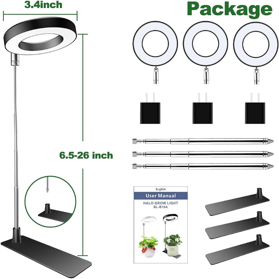 Aokrean Plant Grow Light, 48 LEDs Full Spectrum Grow Lights for Indoor Plants, Height Adjustable Small Halo Grow Light with Base, 3 Optional Spectrums, Auto Timer 3/9/12Hrs, 10 Brightness, 3 Pack - Image 6