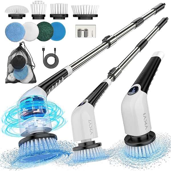 YKYI Electric Spin Scrubber,Cordless Cleaning Brush,Shower Cleaning Brush with 8 Replaceable Brush Heads, Power Scrubber 3 Adjustable Speeds,Adjustable & Detachable Long Handle,Voice Broadcast - Image 1