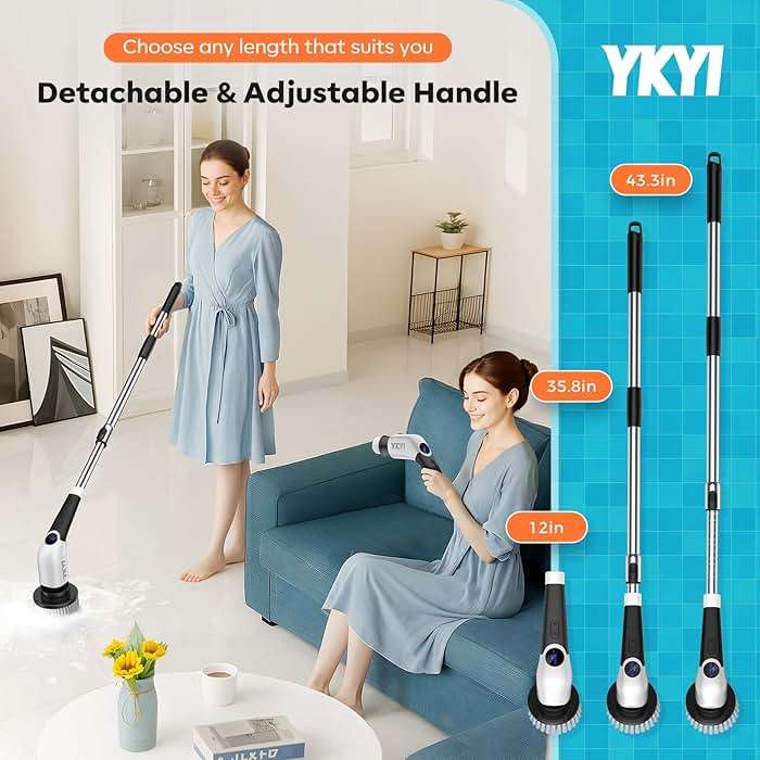 YKYI Electric Spin Scrubber,Cordless Cleaning Brush,Shower Cleaning Brush with 8 Replaceable Brush Heads, Power Scrubber 3 Adjustable Speeds,Adjustable & Detachable Long Handle,Voice Broadcast - Image 2