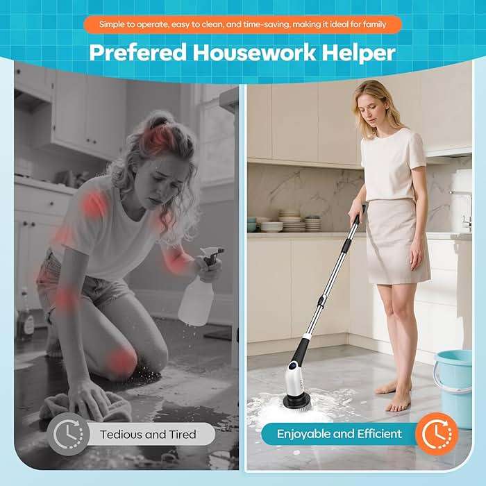 YKYI Electric Spin Scrubber,Cordless Cleaning Brush,Shower Cleaning Brush with 8 Replaceable Brush Heads, Power Scrubber 3 Adjustable Speeds,Adjustable & Detachable Long Handle,Voice Broadcast - Image 3