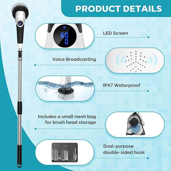 YKYI Electric Spin Scrubber,Cordless Cleaning Brush,Shower Cleaning Brush with 8 Replaceable Brush Heads, Power Scrubber 3 Adjustable Speeds,Adjustable & Detachable Long Handle,Voice Broadcast - Image 4