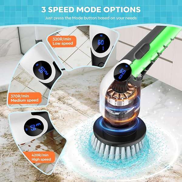 YKYI Electric Spin Scrubber,Cordless Cleaning Brush,Shower Cleaning Brush with 8 Replaceable Brush Heads, Power Scrubber 3 Adjustable Speeds,Adjustable & Detachable Long Handle,Voice Broadcast - Image 5