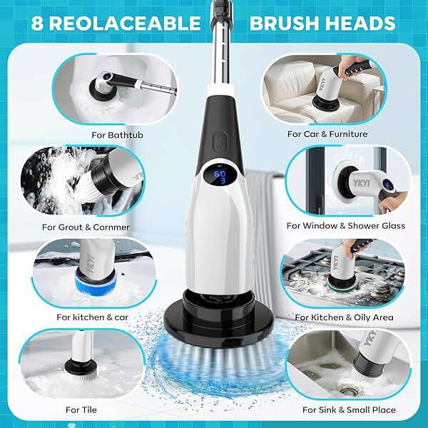 YKYI Electric Spin Scrubber,Cordless Cleaning Brush,Shower Cleaning Brush with 8 Replaceable Brush Heads, Power Scrubber 3 Adjustable Speeds,Adjustable & Detachable Long Handle,Voice Broadcast - Image 6