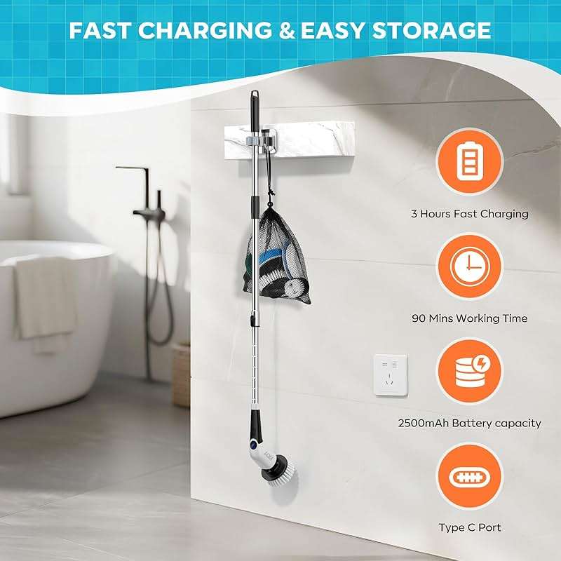 YKYI Electric Spin Scrubber,Cordless Cleaning Brush,Shower Cleaning Brush with 8 Replaceable Brush Heads, Power Scrubber 3 Adjustable Speeds,Adjustable & Detachable Long Handle,Voice Broadcast - Image 7