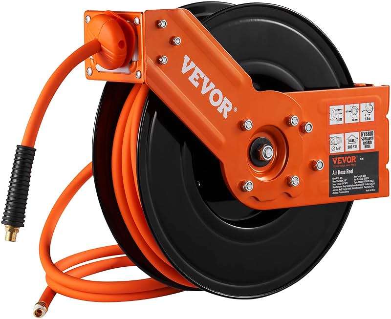 VEVOR Retractable Air Hose Reel, 3/8 IN x 50 FT Hybrid Air Hose Max 300PSI, Air Compressor Hose Reel with 5 ft Lead in, Ceiling/Wall Mount Heavy Duty Single Arm Steel Reel - Image 11