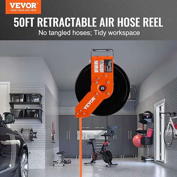 VEVOR Retractable Air Hose Reel, 3/8 IN x 50 FT Hybrid Air Hose Max 300PSI, Air Compressor Hose Reel with 5 ft Lead in, Ceiling/Wall Mount Heavy Duty Single Arm Steel Reel - Image 3