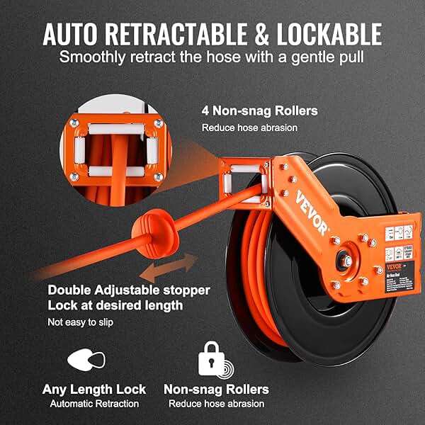VEVOR Retractable Air Hose Reel, 3/8 IN x 50 FT Hybrid Air Hose Max 300PSI, Air Compressor Hose Reel with 5 ft Lead in, Ceiling/Wall Mount Heavy Duty Single Arm Steel Reel - Image 5
