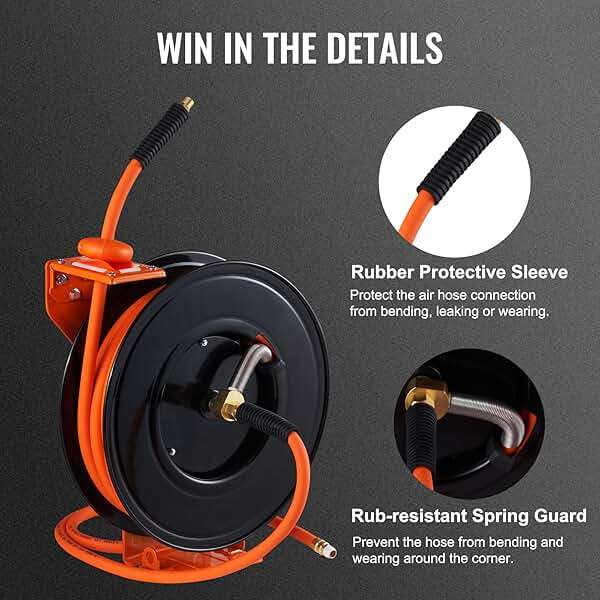 VEVOR Retractable Air Hose Reel, 3/8 IN x 50 FT Hybrid Air Hose Max 300PSI, Air Compressor Hose Reel with 5 ft Lead in, Ceiling/Wall Mount Heavy Duty Single Arm Steel Reel - Image 7