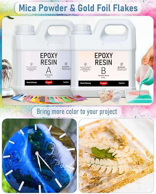 Smallbudi 80 Oz Epoxy Resin Kit with 16 Colors Mica Powder, Gold Foil, Cups & Stick, Crystal Clear Resin Beginner Supplies for Coating Casting Table, Molds, Jewelry Making, DIY Art Craft, 1:1 Ratio - Image 4
