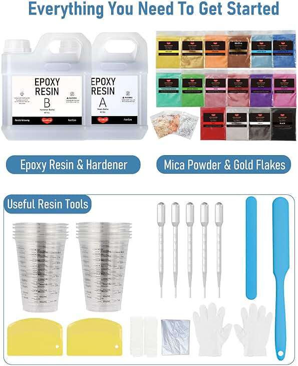 Smallbudi 80 Oz Epoxy Resin Kit with 16 Colors Mica Powder, Gold Foil, Cups & Stick, Crystal Clear Resin Beginner Supplies for Coating Casting Table, Molds, Jewelry Making, DIY Art Craft, 1:1 Ratio - Image 7