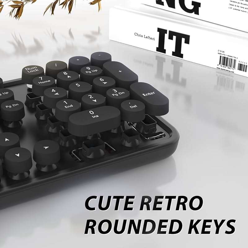 Wireless Keyboard and Mouse Combo, Cute Full Size 104-Key Typewriter Retro Round Keycaps Keyboard for PC Laptop,Windows,Desktop,Perfer for Home and Office Keyboards (Black) - Image 2