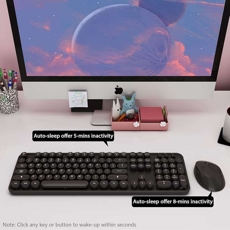Wireless Keyboard and Mouse Combo, Cute Full Size 104-Key Typewriter Retro Round Keycaps Keyboard for PC Laptop,Windows,Desktop,Perfer for Home and Office Keyboards (Black) - Image 4