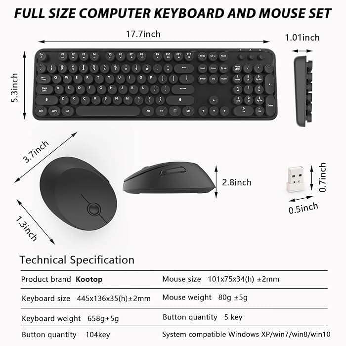 Wireless Keyboard and Mouse Combo, Cute Full Size 104-Key Typewriter Retro Round Keycaps Keyboard for PC Laptop,Windows,Desktop,Perfer for Home and Office Keyboards (Black) - Image 7
