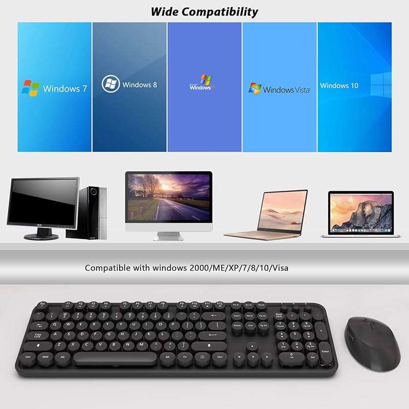 Wireless Keyboard and Mouse Combo, Cute Full Size 104-Key Typewriter Retro Round Keycaps Keyboard for PC Laptop,Windows,Desktop,Perfer for Home and Office Keyboards (Black) - Image 8