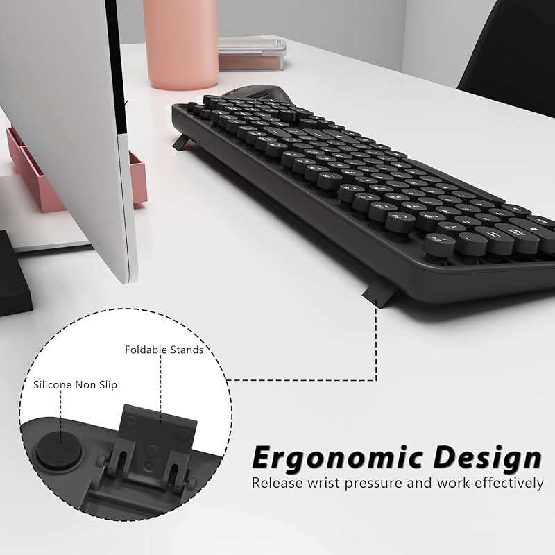 Wireless Keyboard and Mouse Combo, Cute Full Size 104-Key Typewriter Retro Round Keycaps Keyboard for PC Laptop,Windows,Desktop,Perfer for Home and Office Keyboards (Black) - Image 9