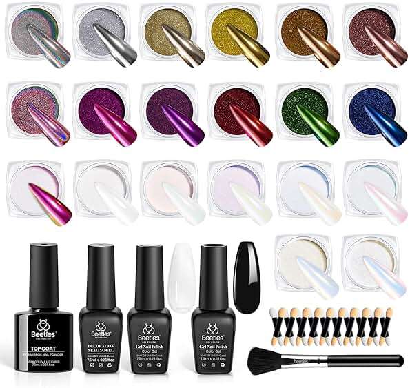 Beetles 20 Colors Metallic Chrome Nail Powder Kit 24Pcs Pearl Chrome Nails Powder Glitter Gold Silver Mirror Nail Art with Base Top Coat & Decoration Sealing Black Gel Nails Polish Gifts for Women - Image 1