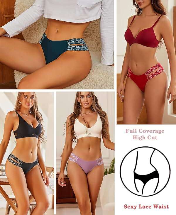 FINETOO Seamless Underwear for Women Cheeky Bikini Panties High Cut V-waist Lace Underwear Women Cute Bikinis 6 Pack - Image 2