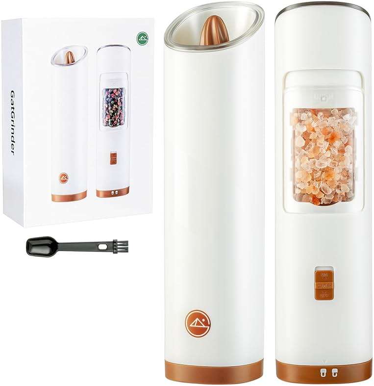 GATGOODS Gravity Electric Salt and Pepper Grinder Set, Adjustable Coarseness, Warm LED Light, One-handed Automatic Operation, Battery Powered, White, Electric Pepper Mills - Image 1