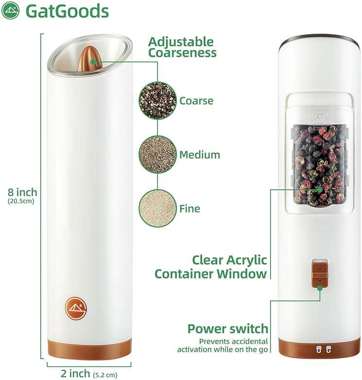 GATGOODS Gravity Electric Salt and Pepper Grinder Set, Adjustable Coarseness, Warm LED Light, One-handed Automatic Operation, Battery Powered, White, Electric Pepper Mills - Image 2