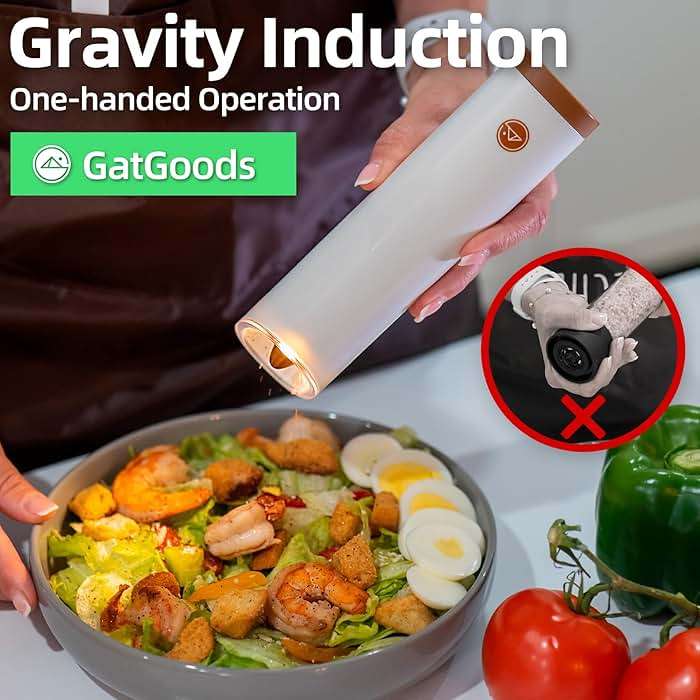 GATGOODS Gravity Electric Salt and Pepper Grinder Set, Adjustable Coarseness, Warm LED Light, One-handed Automatic Operation, Battery Powered, White, Electric Pepper Mills - Image 3